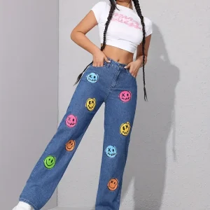Classic Face Print Skinny Bottom High Waist Ankle-Length Stretch Jeans