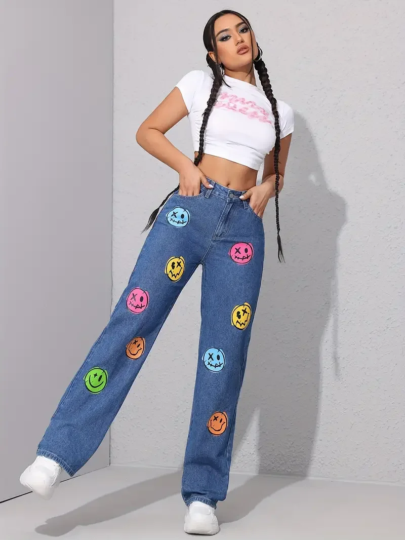 Classic Face Print Skinny Bottom High Waist Ankle-Length Stretch Jeans
