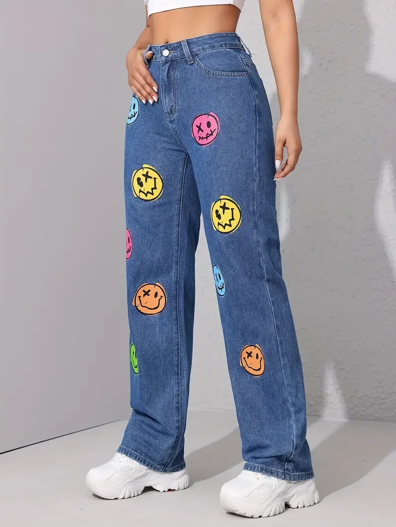 Classic Face Print Skinny Bottom High Waist Ankle-Length Stretch Jeans - Image 4