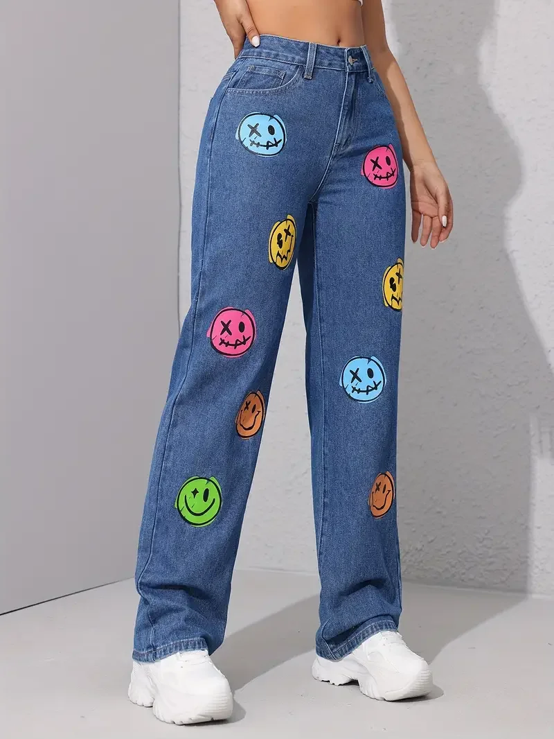 Classic Face Print Skinny Bottom High Waist Ankle-Length Stretch Jeans - Image 3
