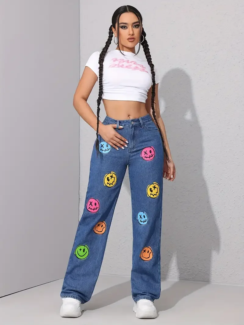 Classic Face Print Skinny Bottom High Waist Ankle-Length Stretch Jeans - Image 5