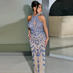 Classic Halter Neck Sleeveless Crystal Beaded Backless Evening Maxi Dresses