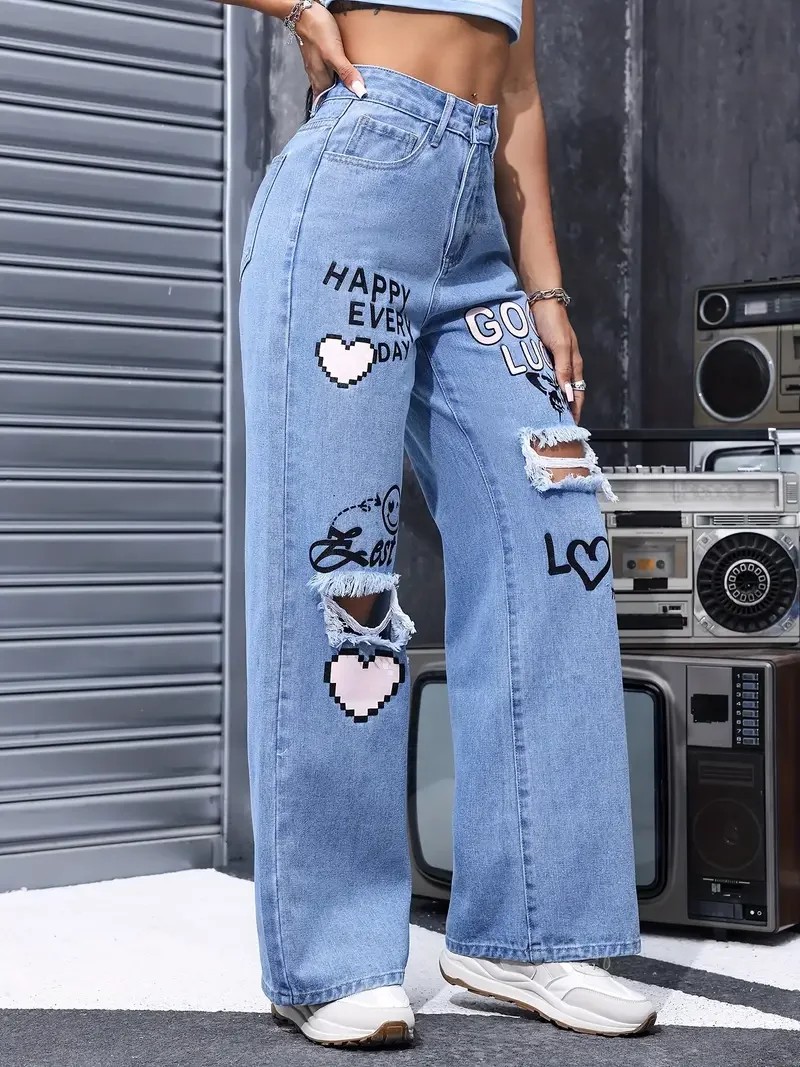 Classic High Waist Button Up Butterfly Print Ripped Straight Jeans - Image 3