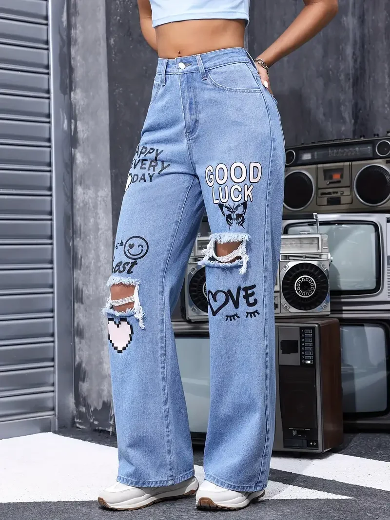 Classic High Waist Button Up Butterfly Print Ripped Straight Jeans - Image 2
