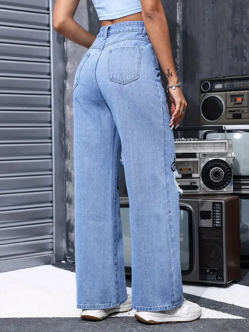 Classic High Waist Button Up Butterfly Print Ripped Straight Jeans - Image 5