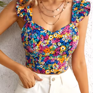 Classic Petal Sleeve Flower Printed Breast Wrap Backless Crop Top Streetwear