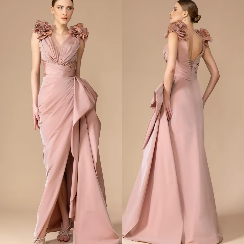 Classic Pleat Flower A-line V-neck Sleeveless Cocktail Long Maxi Dresses - Image 5