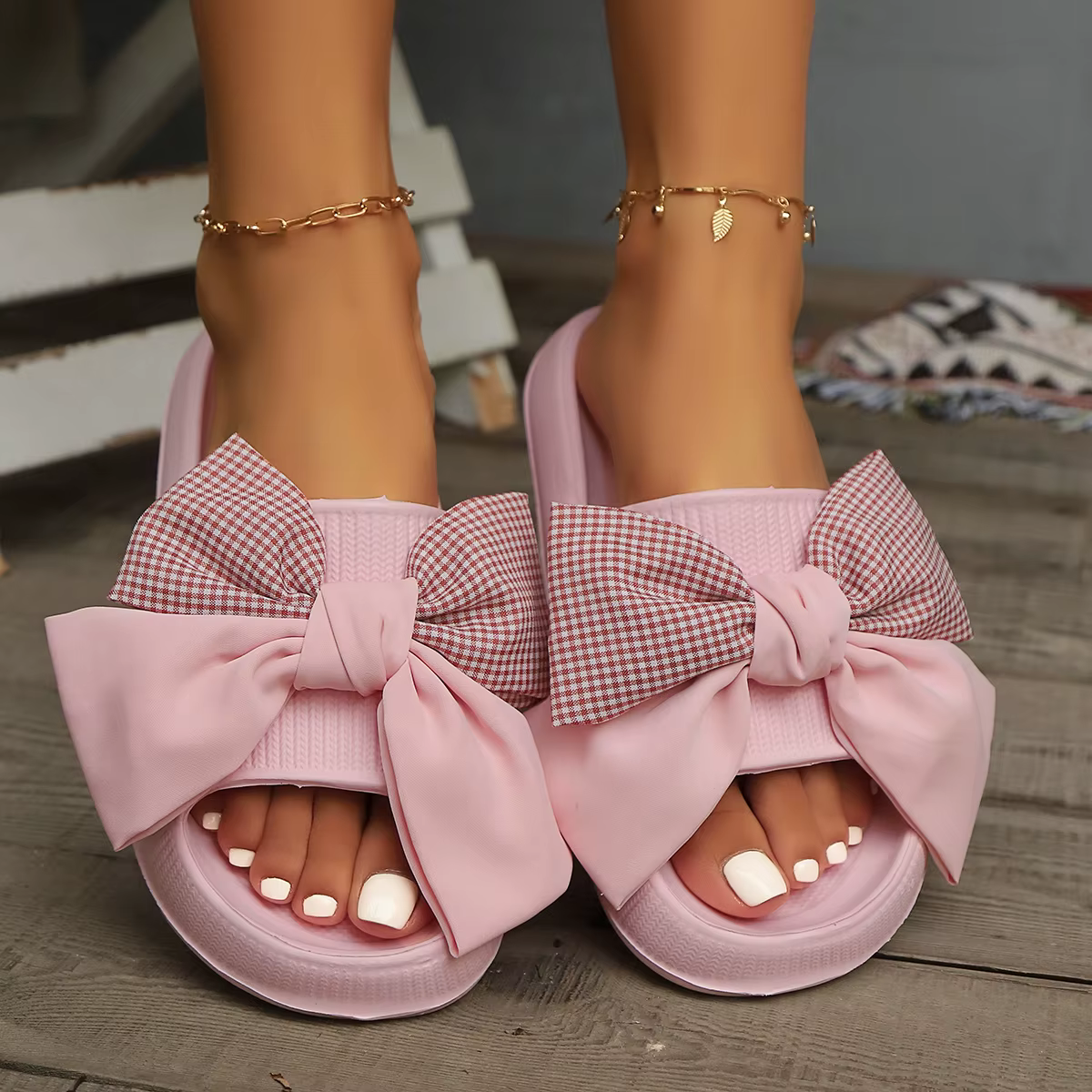 Color-Blocked Plaid Bow Use Sweet Comfortable Soft Flip-Flops