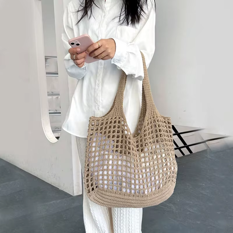 Crochet Tote Hollow Knitted Solid Color Simple Shopping Bag - Image 2