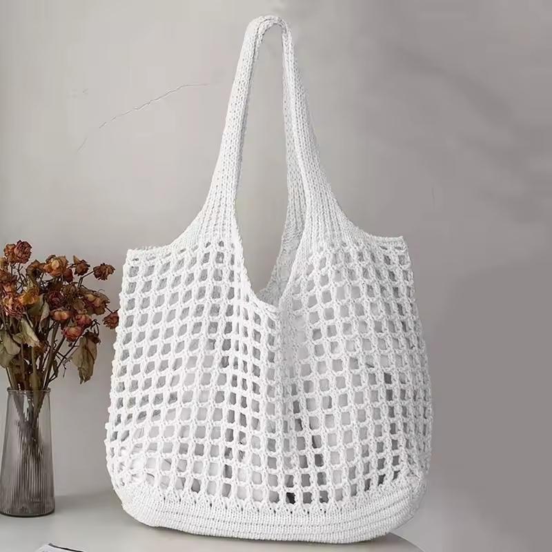 Crochet Tote Hollow Knitted Solid Color Simple Shopping Bag - Image 9