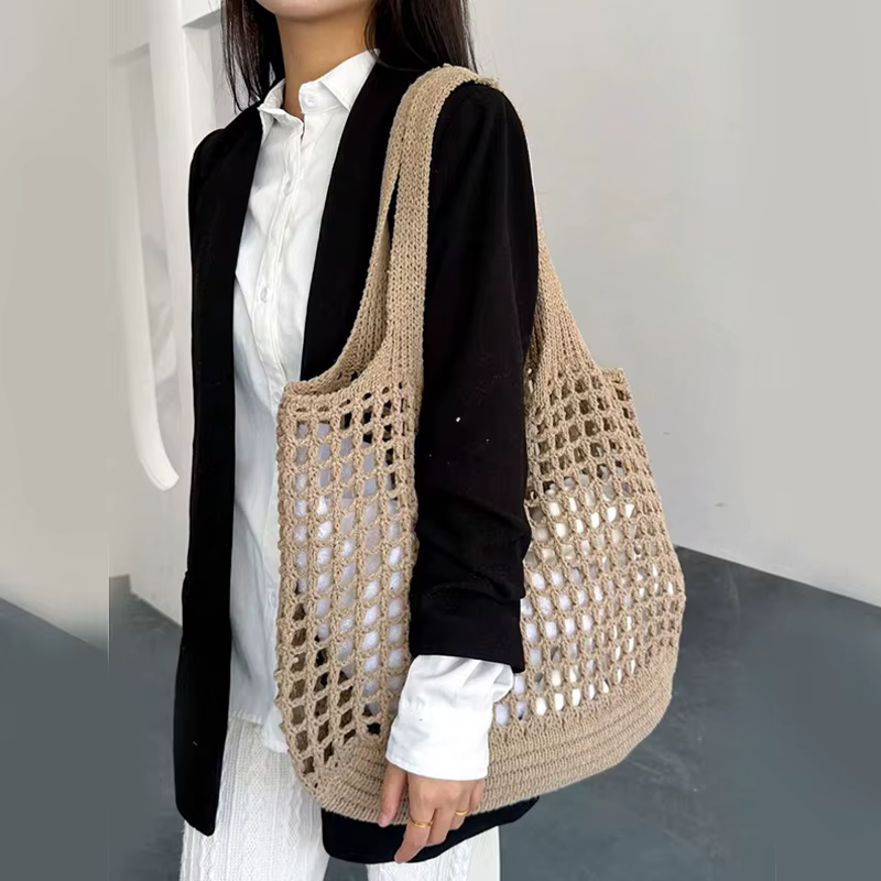 Crochet Tote Hollow Knitted Solid Color Simple Shopping Bag - Image 3