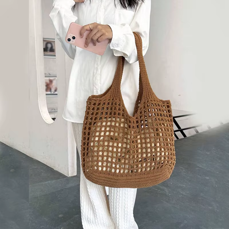 Crochet Tote Hollow Knitted Solid Color Simple Shopping Bag - Image 4