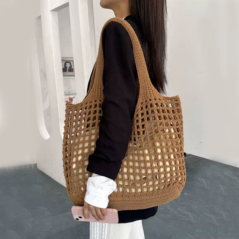 Crochet Tote Hollow Knitted Solid Color Simple Shopping Bag - Image 5
