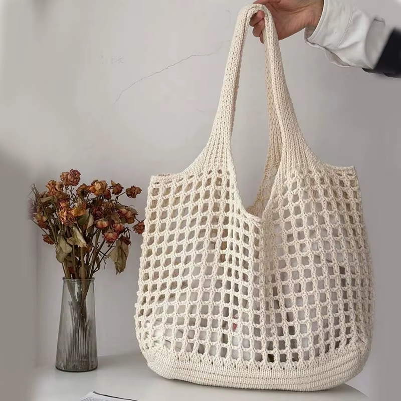 Crochet Tote Hollow Knitted Solid Color Simple Shopping Bag - Image 8