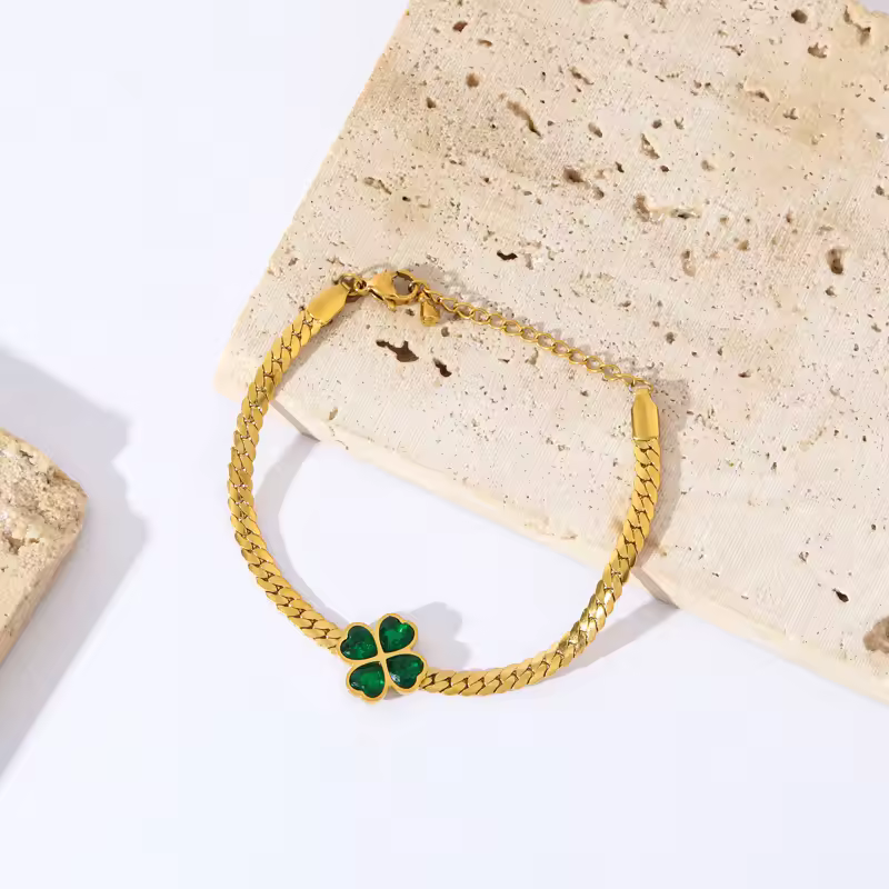 Crystal Stainless Steel Wrist Chain Waterproof Clover Bracelet - Image 2