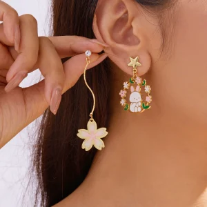 Cute Rabbit Flower Asymmetric Bee Moon Cherry Blossom Zircon Tassel Earrings