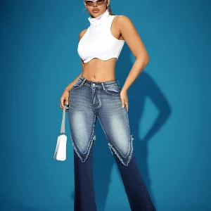 Denim Patchwork Washed Worn-out Hem Retro High Waisted Pant