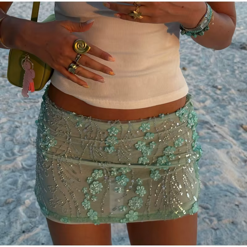 Elegan Sequin Bead Print Solid Lace Up Flower Slim Straight Mini Skirt