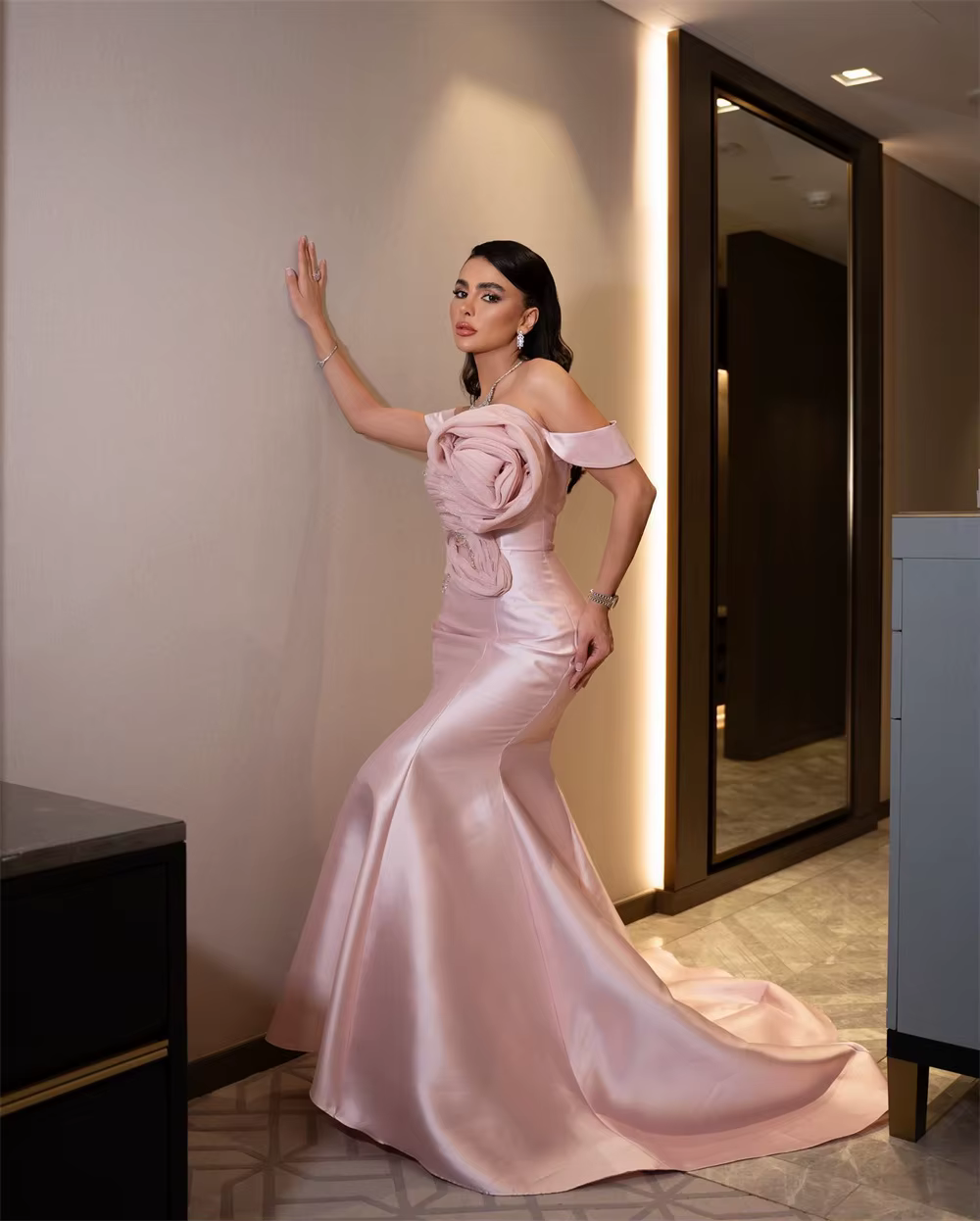 Elegant Acetate Off Shoulder 3D Flower Prom Floor-Length Maxi Dress