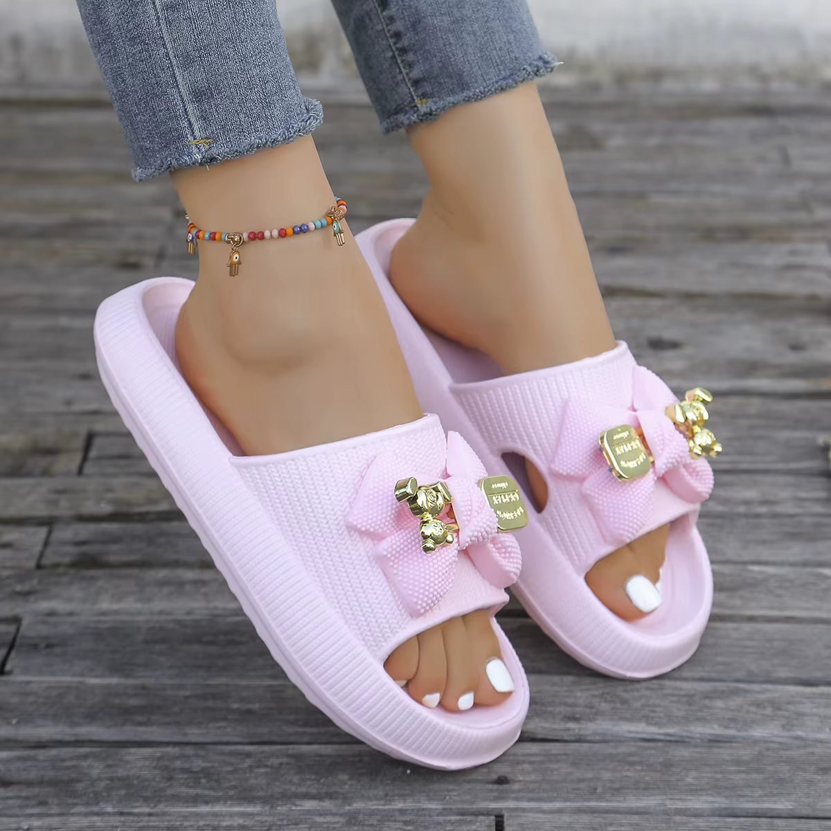 ElegaAdorable Metallic Bear Bow Decor Slip-On slippers - Image 15