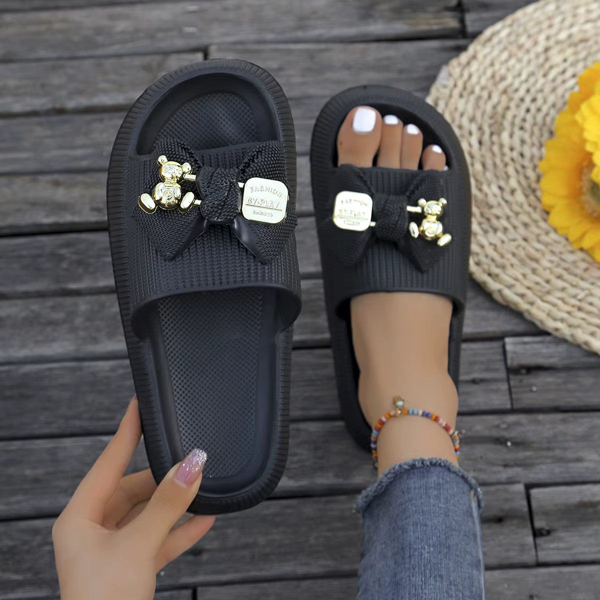 ElegaAdorable Metallic Bear Bow Decor Slip-On slippers - Image 5