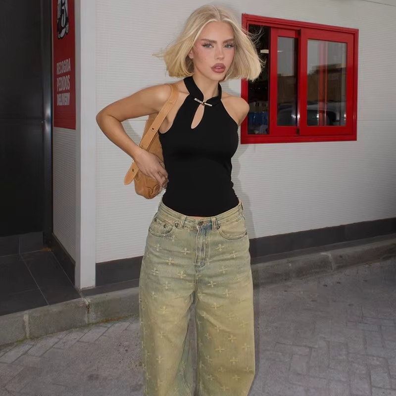 Elegant Asymmetrical Solid Retro Stand Collar Sleeveless Cut Out T-shirt