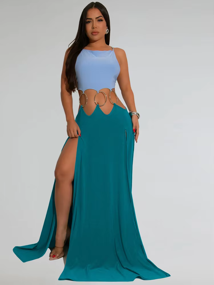 Elegant Backless Bandage Holiday Hollow Out O-Rings Metal Long Maxi Dresses