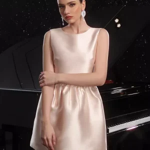 Elegant Backless Jewel Sleeveless Satin A-Line With Pleated Bow Back Mini Party Dress