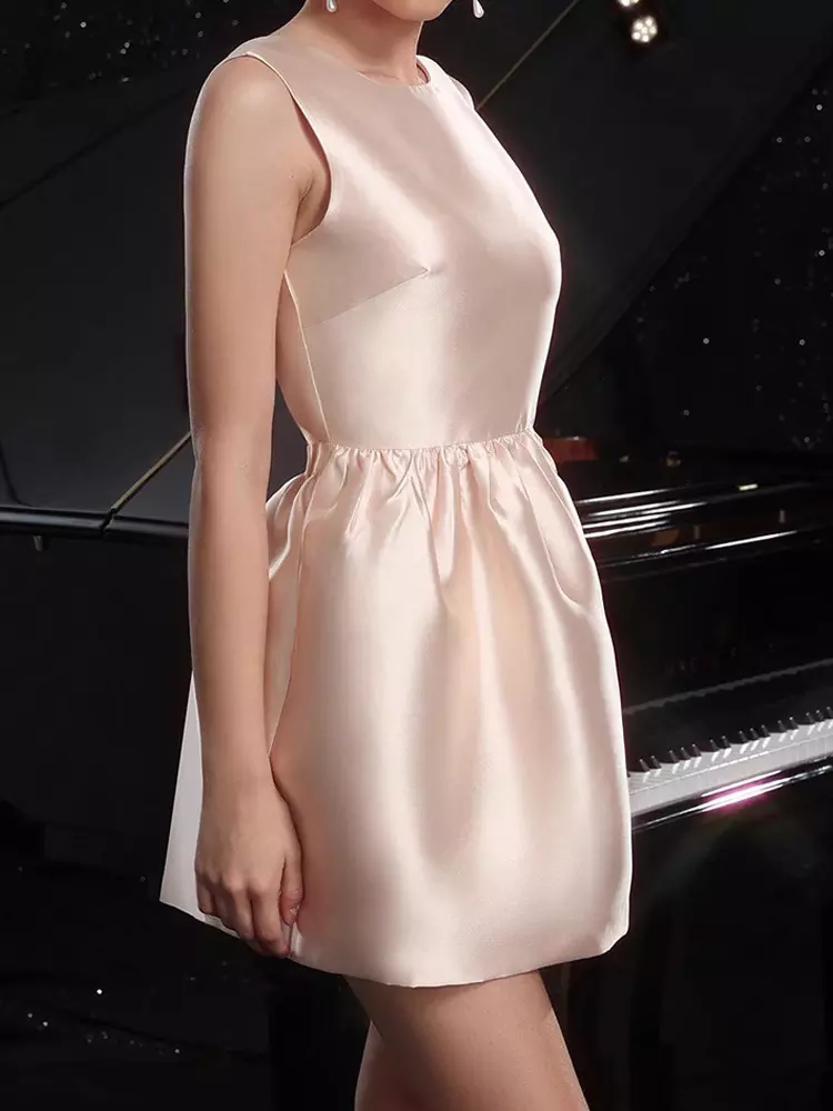 Elegant Backless Jewel Sleeveless Satin A-Line With Pleated Bow Back Mini Party Dress - Image 2