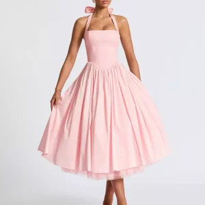 Elegant Backless Pleated Halter Neck A-line Sleeveless Polyester Midi Party Dress