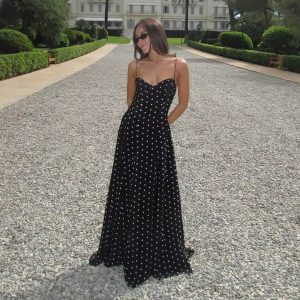 Elegant Backless Pleated Wave Point Sling Floor-length Maxi Dress