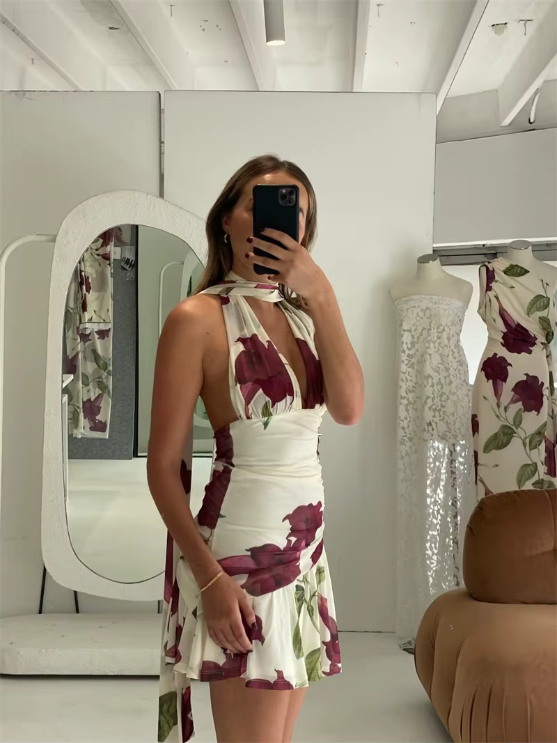 Elegant Backless Ruffle Print Hollow Out Sleeveless Draped Mini Dress - Image 8