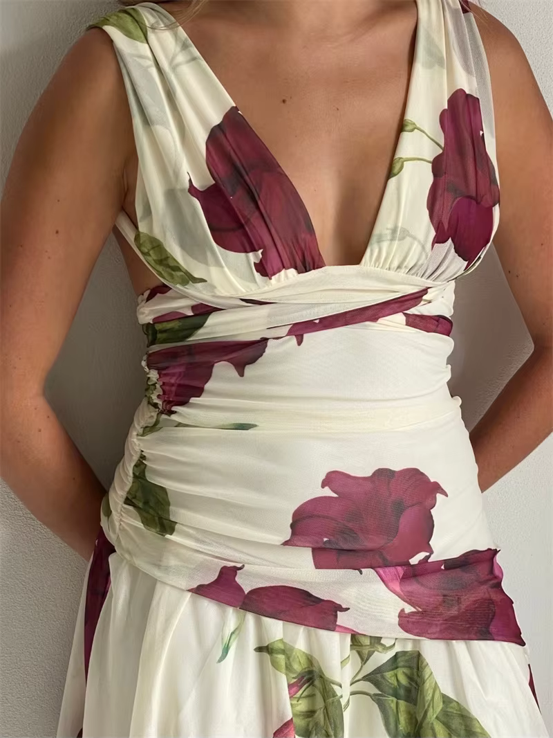 Elegant Backless Ruffle Print Hollow Out Sleeveless Draped Mini Dress - Image 7