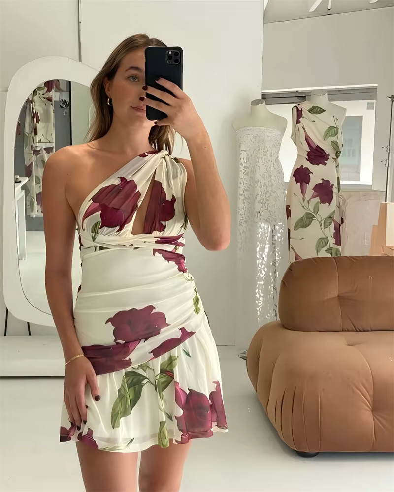 Elegant Backless Ruffle Print Hollow Out Sleeveless Draped Mini Dress - Image 10