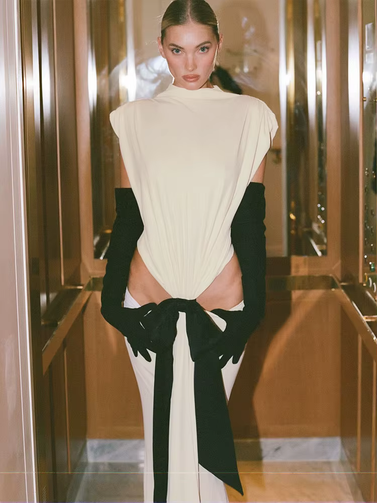 Elegant Backless Waistless High Stretch Black Lace-Up Pleated Sleeveless Maxi Dress - Image 8