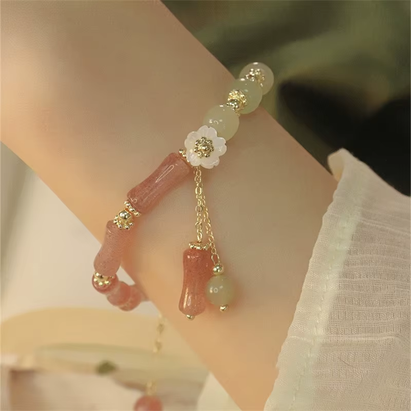Elegant Bamboo Joint Beaded Charm Flower Pendant Bracelet