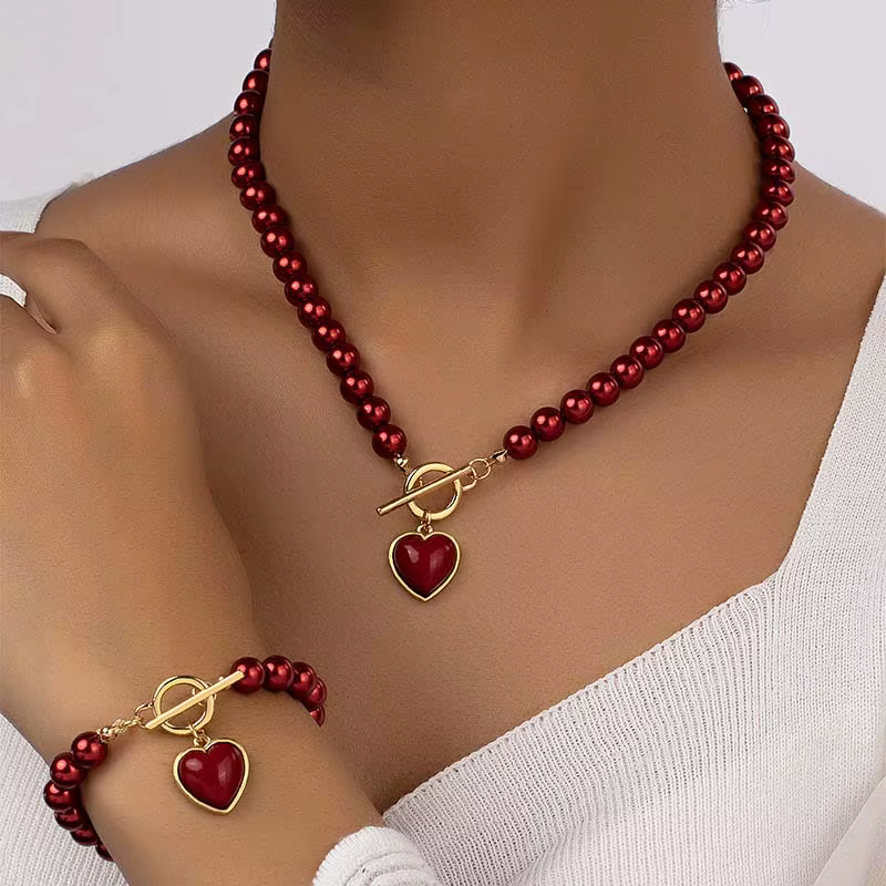 Elegant Beaded Immitation Pearl Heart Pendant Necklace Bracelet Set