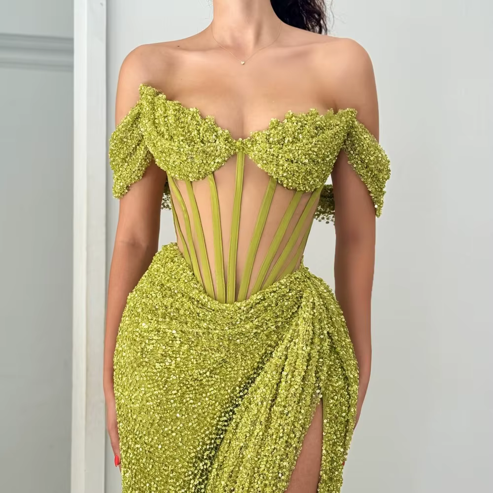 Elegant Bella Customized Green Sequins One Shoulder Strapless Lace Party Maxi Dresses - Image 2