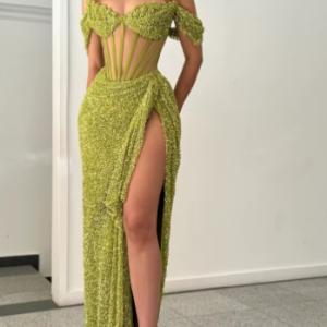 Elegant Bella Customized Green Sequins One Shoulder Strapless Lace Party Maxi Dresses