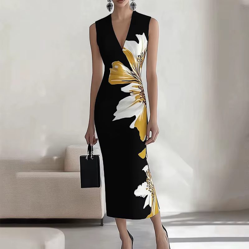 Elegant Boho Office Lady Elegant V-Neck Floral Print Slim Midi Dress