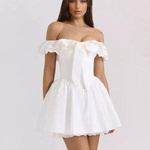 Elegant Bows Ruffles Off-Shoulder Mini Dress With Ruffle Trim