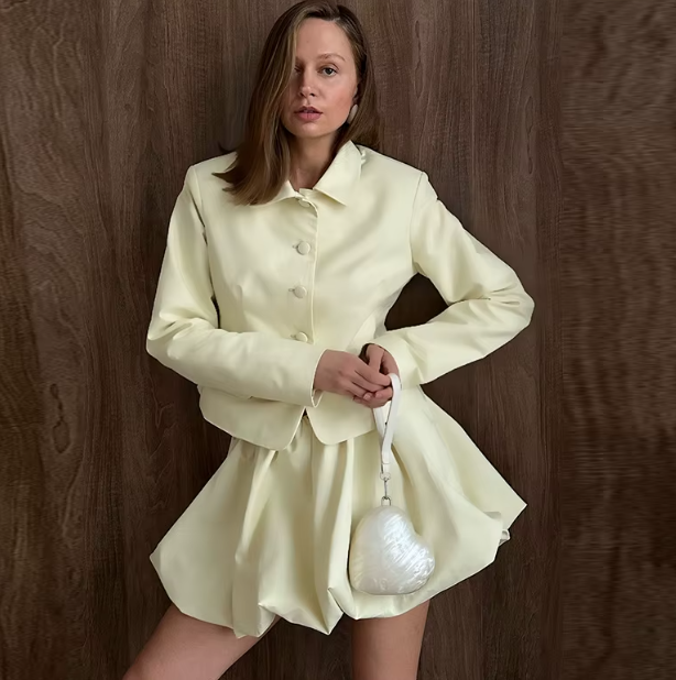 Elegant Bud Full Sleeve Single Breasted Jacket High Waist Mini Skirt Set - Image 7