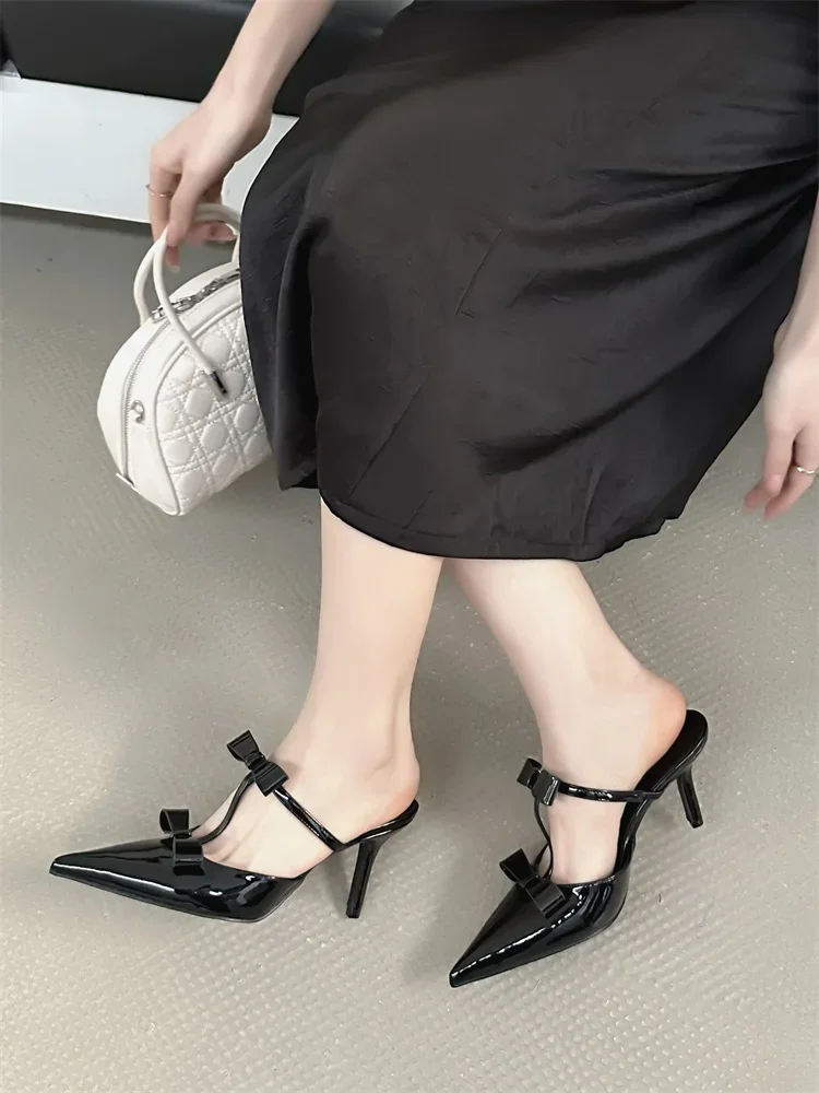 Elegant Butterfly-Knot Patent Leather Pointed Toe Fashion Thin High Heels - Image 2