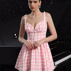 Elegant Check Plaid Sleeveless Mini Dress With Sweetheart Neckline