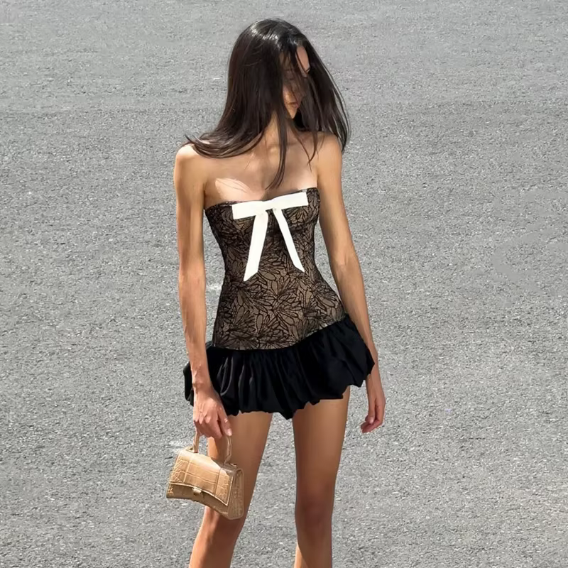 Elegant Chest Wrapping Knitted Lace Bow Print Sleeveless Mini Dress - Image 11