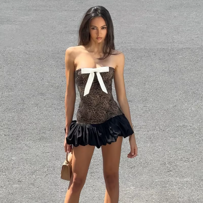 Elegant Chest Wrapping Knitted Lace Bow Print Sleeveless Mini Dress - Image 9