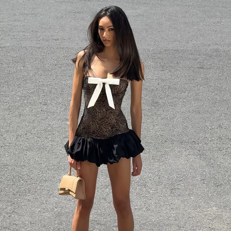 Elegant Chest Wrapping Knitted Lace Bow Print Sleeveless Mini Dress - Image 8