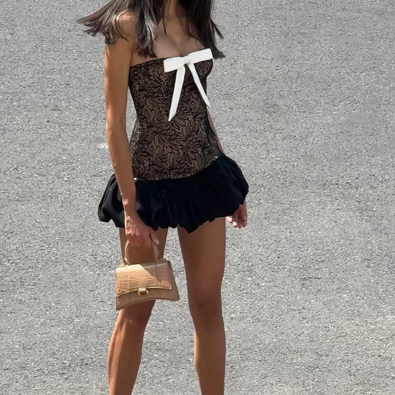 Elegant Chest Wrapping Knitted Lace Bow Print Sleeveless Mini Dress - Image 7
