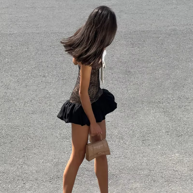 Elegant Chest Wrapping Knitted Lace Bow Print Sleeveless Mini Dress - Image 6