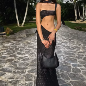 Elegant Chest Wrapping Printed Sheath Long Robe And Scarf Split Maxi Dress